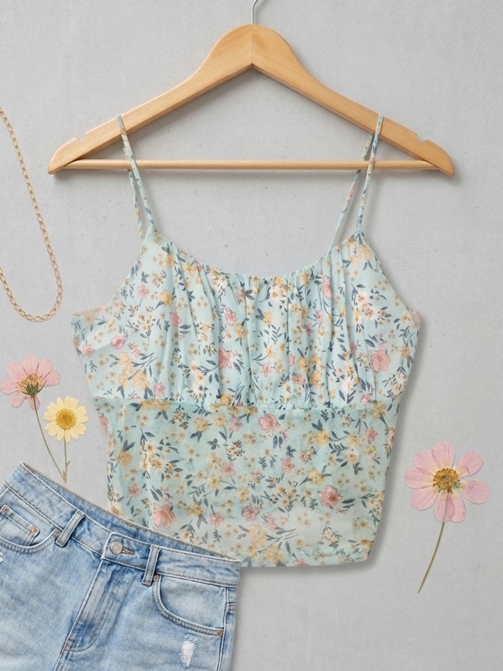 Shelly Pastel Floral Mesh Crop Floral Spaghetti-Strap Cami Tank Top - Light Blue